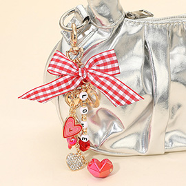 Checkered Bow Accent LOVE Message Beaded Heart Charm Embellished Keychain Bag Charm