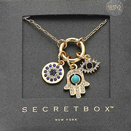 SECRET BOX_14K Gold Dipped Interchangeable Hamsa Hand Evil Eye Round Charm Pendant Necklace