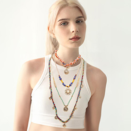 Various Sea Life Charm Station Multi-Layered Fabric Scarf Beaded Chain Statement Necklace