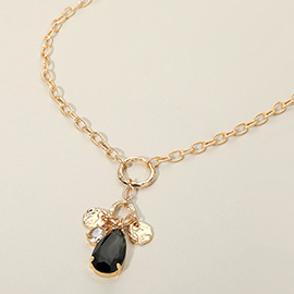 Teardrop Oval Stone Cluster Textured Medal Pendant Long Necklace