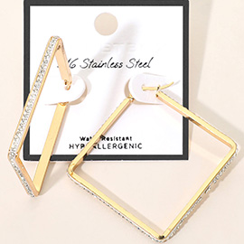 SECRET BOX_Stainless Steel Rhinestone Paved Geometric Square Pin Catch Hoop Earrings