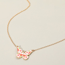 Floral Pattern Enamel Butterfly Pendant Necklace