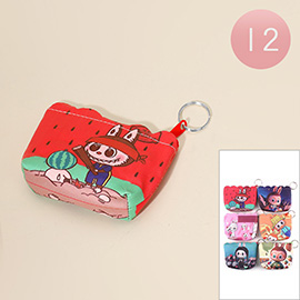 12PCS - Adorable Monster Bunny Character Printed Mini Keychain Pouch Bags Coin Purses