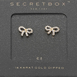 SECRET BOX_14K Gold Dipped CZ Stone Paved Bow Stud Earrings