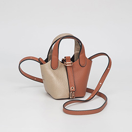 Faux Leather Two Tone Mini Crossbody Bucket Bag