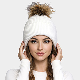 Fox Fur Pom Pom Sparkly Knit Winter Beanie Hat