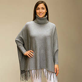 Cozy Turtleneck Fringe Hem Poncho