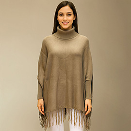 Cozy Turtleneck Fringe Hem Poncho