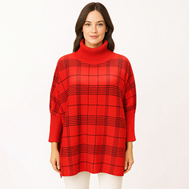 Checkered Turtleneck Knit Poncho
