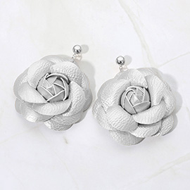 Elegant Faux Leather Rose Bloom Drop Dangle Earrings