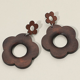 Double Wooden Flower Cutout Link Drop Dangle Earrings