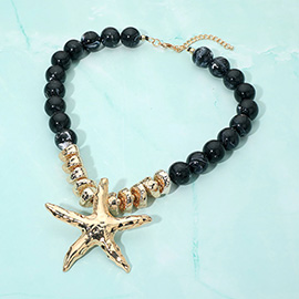 Bold Texture Metal Starfish Pendant Accent Beaded Statement Necklace