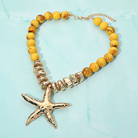 Bold Texture Metal Starfish Pendant Accent Beaded Statement Necklace