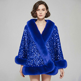Festive Sequin Faux Fur Trim Shawl Poncho
