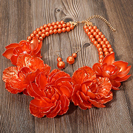 Bold Pearly Petal Floral Link Triple Pearl Strand Statement Necklace