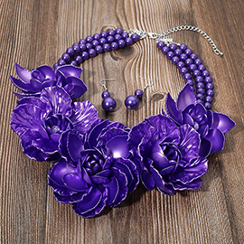 Bold Pearly Petal Floral Link Triple Pearl Strand Statement Necklace