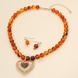 Vintage Heart Charm Accent Beaded Statement Necklace