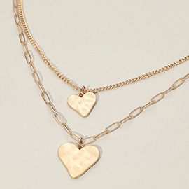 Hammered Metal Heart Pendant Accent Double Layered Necklace