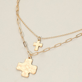 Hammered Metal Cross Pendant Accent Double Layered Necklace