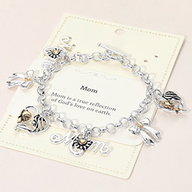 Antique Metal Two Tone Metal MOM Heart Bow Angel Wing Charm Station Link Toggle Bracelet