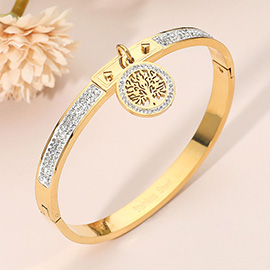 Stainless Steel Tree of Life Charm Accent CZ Stone Paved Hinged Bangle Bracelet
