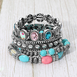 4PCS - Boho Round Iridescent Stone Natural Stone Accent Beaded Stretch Multi Layered Bracelets