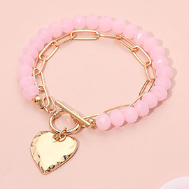 Hammered Metal Heart Charm Beaded Paperclip Chain Layered Toggle Bracelet