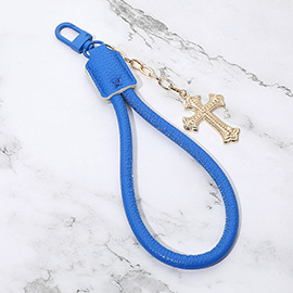Cross Charm Drop Faux Leather Wristlet Keychain Bag Charm