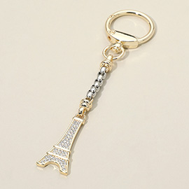 14K Gold Plated CZ Stone Paved Eiffel Tower Drop Keychain Bag Charm