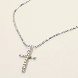 Two Tone Twisted Metal Cross Pendant Necklace