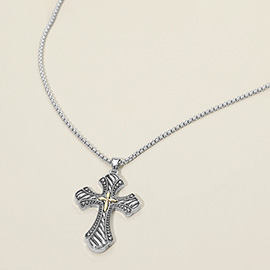 Two Tone Metal Ornate Cross Pendant Necklace