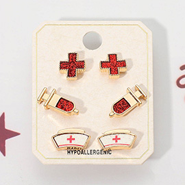 3Pairs - Nurse Icon Stud Earring Set