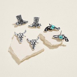 3Pairs - Western Cowboy Boot Steer Head Gun Stud Earring Set