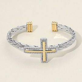 Two Tone Cross Accent Braided Cuff Bracelet