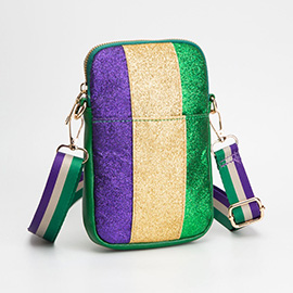 Faux Leather Mardi Gras Sparkle Front Small Crossbody Bag