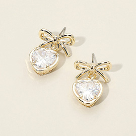 14K Gold Plated Bow Top Heart CZ Stone Bezel Drop Dangle Earrings