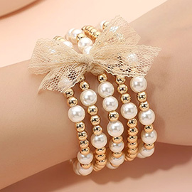 5PCS - Elegant PEarl Metal Ball Beaded Stretch Multi Layered Bracelets