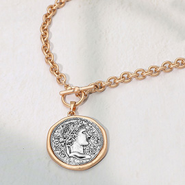 Two Tone Metal Coin Toggle Pendant Necklace