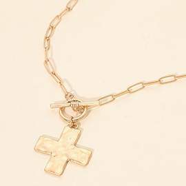 Hammered Brushed Metal Cross Pendant Toggle Necklace