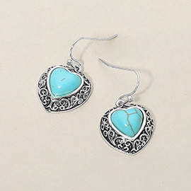 Antique Metal Scrollwork Frame Heart Tile Drop Dangle Earrings