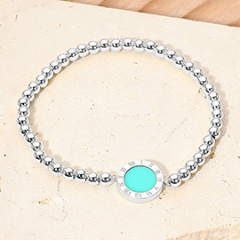 Roman Numeral Round Disc Pointed Stainless Steel Ball Beaded Stretch Bracelet