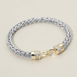 14K Gold Plated Two Tone CZ Stone Paved Hook Accent Woven Bangle Bracelet