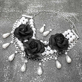 Bold Faux Leather Floral Embellished Pearl Strand Statement Necklace