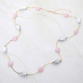 Resin Pebble Curved Metal Bar Beaded Long Necklace