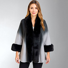Faux Fur Trim Open Front Cape Shawl Poncho