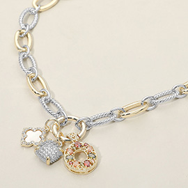 14K Gold Plated Two Tone CZ Stone Square Ring Mother of Pearl Quatrefoil Charm Pendant Chunky Textured Oval Link Necklace