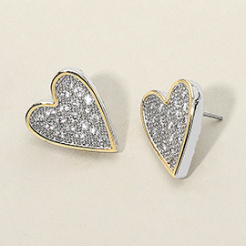 14K Gold Plated Two Tone CZ Stone Paved Heart Stud Earrings