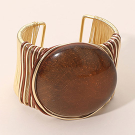 SECRET BOX_Bold Oval Stone Accent Stainless Steel Wire Cuff Bracelet