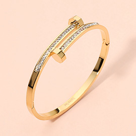 Stainless Steel CZ Stone Paved Nail Head Tip Hinged Bangle Bracelet