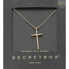 SECRET BOX_14K Gold Dipped Stone Paved Cross Pendant Necklace